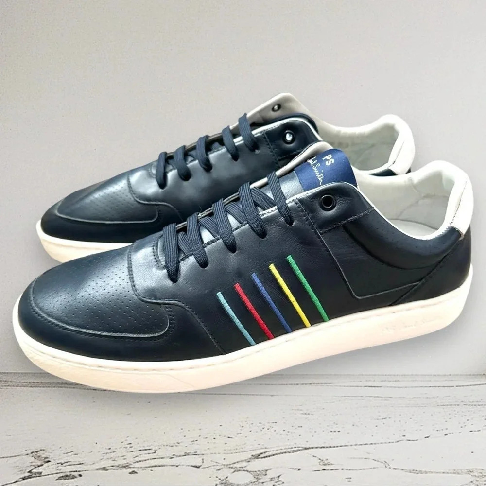 NEW PAUL SMITH Leather Saturn Trainers Sneakers Dark Navy Rainbow Stripe 8